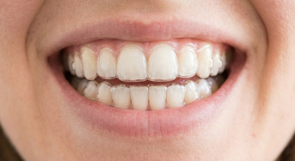 Close-up of clear aligners fitted on teeth showing the nearly invisible orthodontic treatment at Oakville Dental