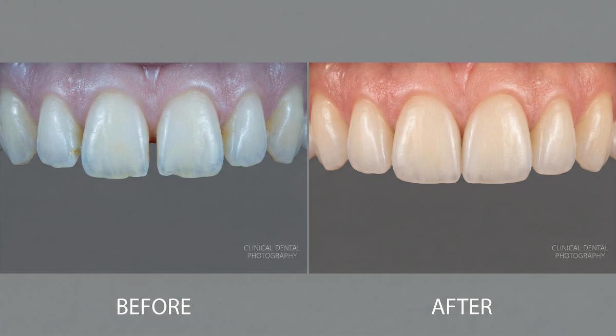 Composite Veneers Before and After – Smile Transformation at Oakville Dental in Oakville Before and after composite veneers treatment showing improved tooth alignment and color at Oakville Dental