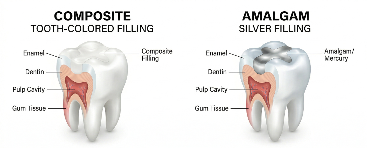 Composite tooth-colored filling versus amalgam silver filling cross-section comparison for tooth fillings in Oakville