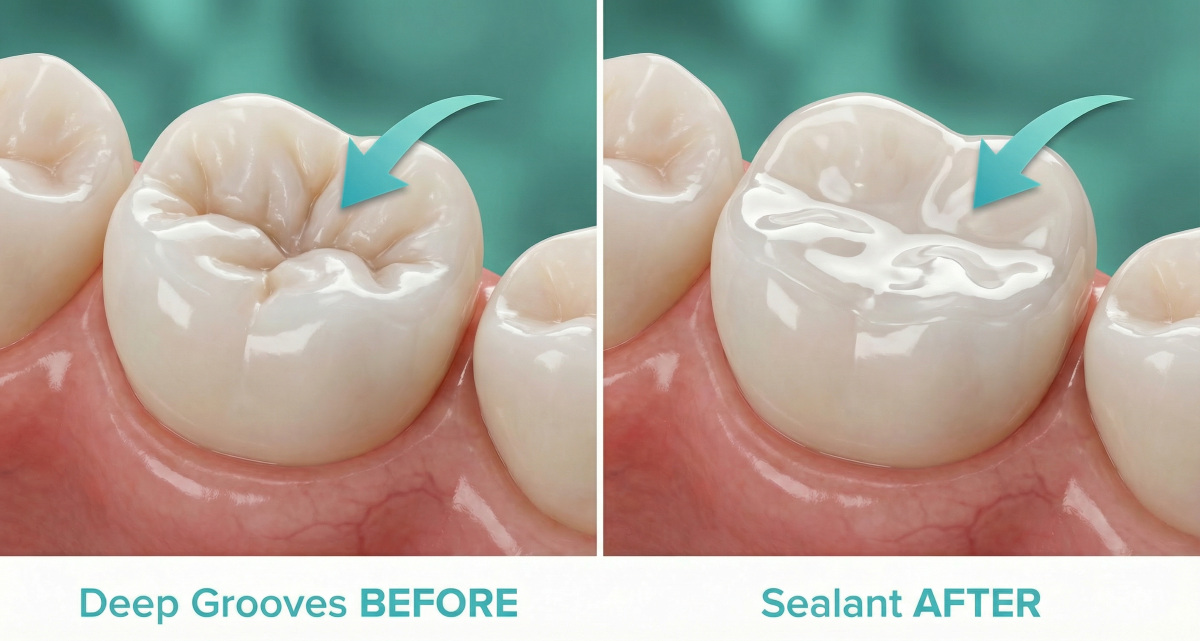 Dental Sealants Procedure – Before and After Application in Oakville Dental sealants application showing deep grooves before and protective sealant coating after at Oakville Dental