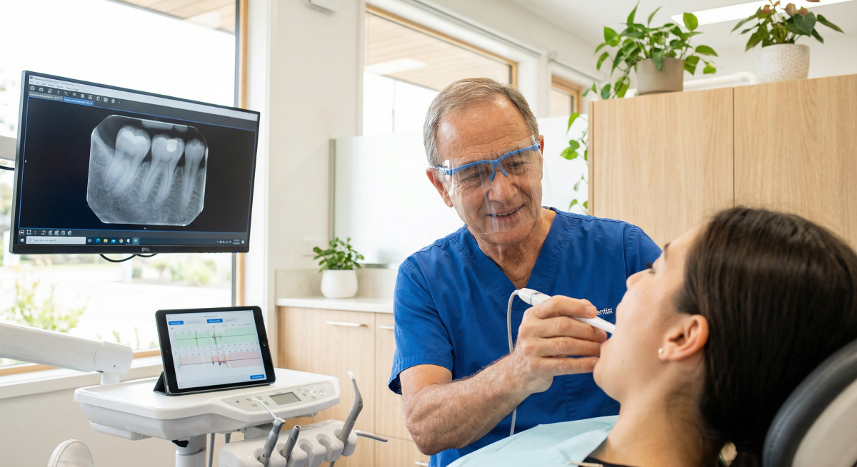 Emergency Dentist Oakville – Urgent Dental Examination and Diagnosis Emergency dentist in Oakville performing urgent dental examination using digital X-ray imaging to diagnose tooth pain