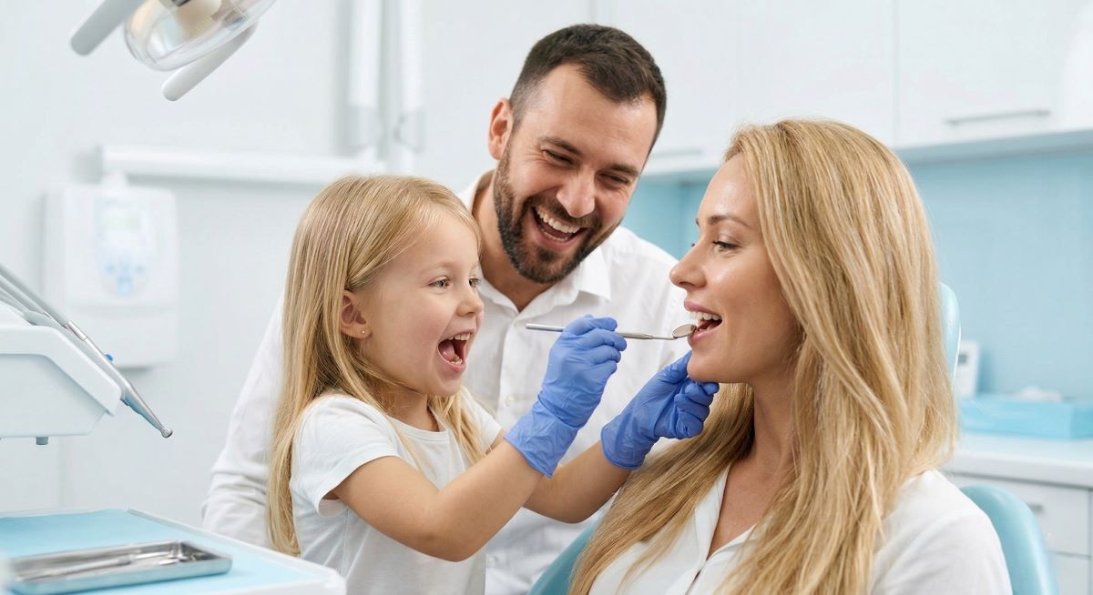 Family dentistry appointment at Oakville Dental with a dentist examining a mother while her young daughter watches and smiles