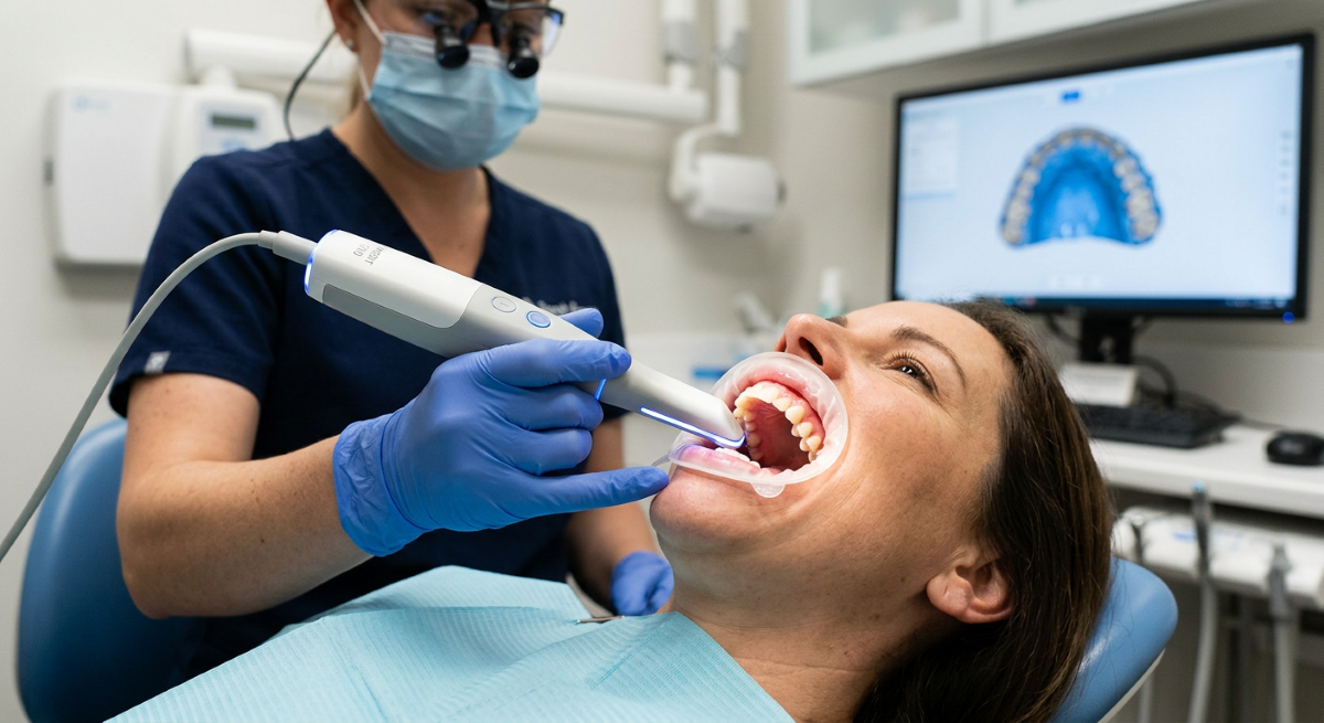 Intra-Oral Wellness Scan – Dental Exam at Oakville Dental Dental hygienist performing an intra-oral wellness scan during a dental exam at Oakville Dental