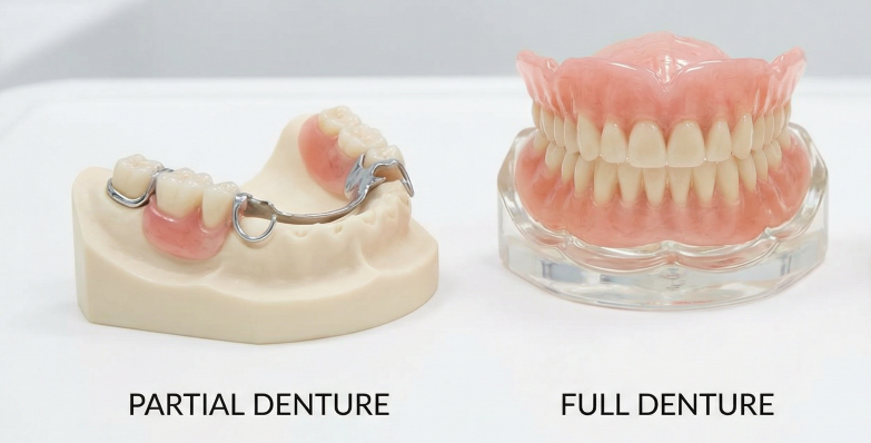 Partial vs Full Dentures – Removable Tooth Replacement Options in Oakville Side-by-side comparison of a partial denture with metal clasps and a full denture set used for complete tooth replacement at Oakville Dental