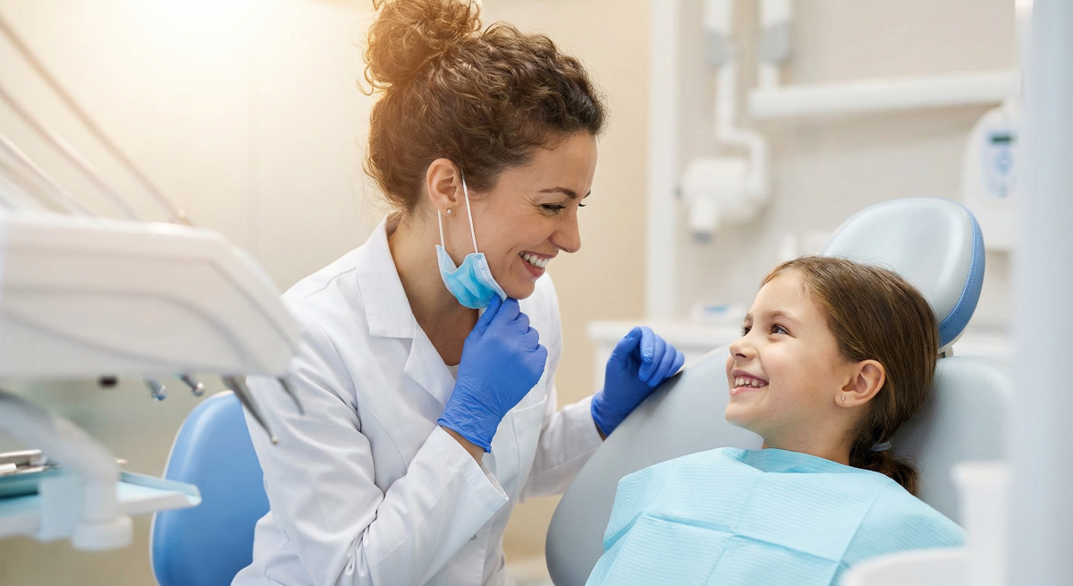Pediatric dentist in Oakville smiling with a young child during a comfortable dental visit at Oakville Dental