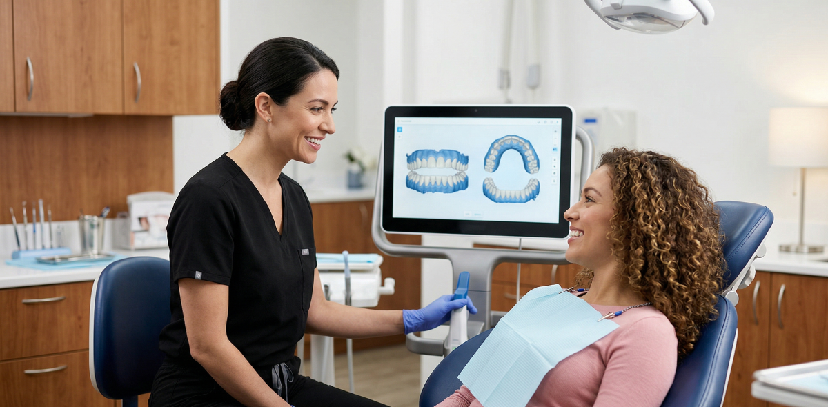Personalized Comprehensive Care Treatment Planning – Oakville Dental Dental hygienist reviewing a personalized comprehensive care treatment plan with a patient using 3D digital imaging at Oakville Dental
