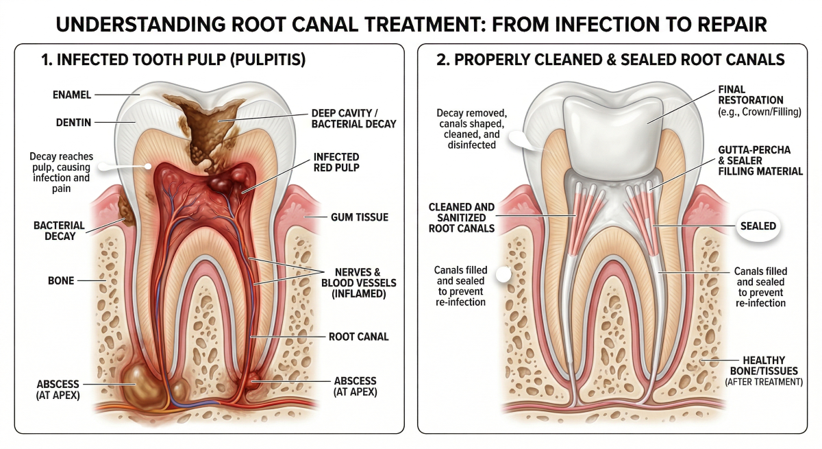 Diagram showing root canal treatment steps at Oakville Dental — from infected tooth pulp to properly cleaned, sealed, and restored root canals