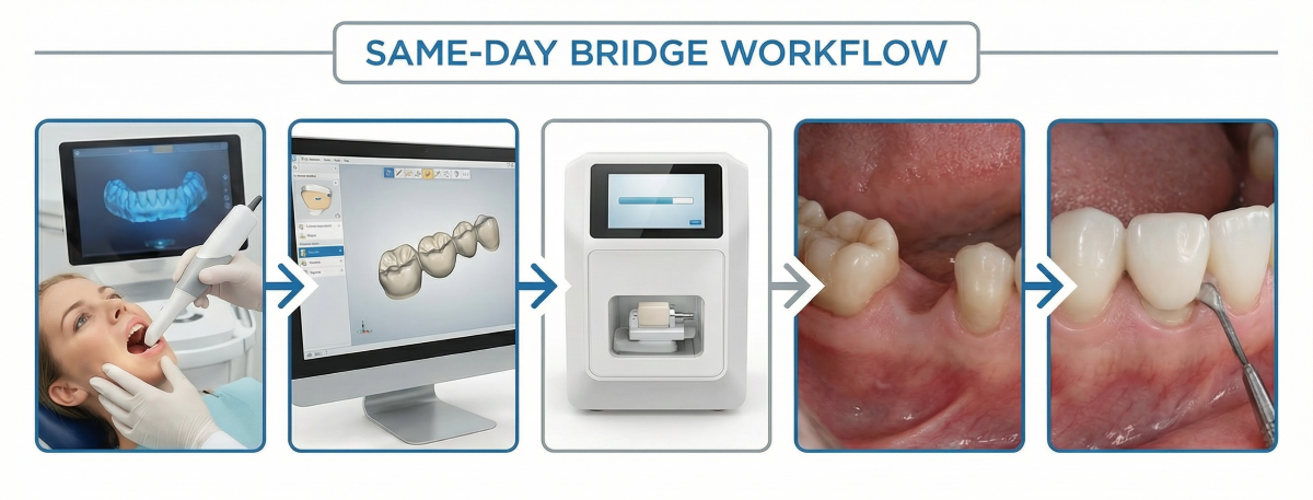 Step-by-step same-day bridge procedure at Oakville Dental showing digital scanning, CAD/CAM design, on-site milling, and final bonding