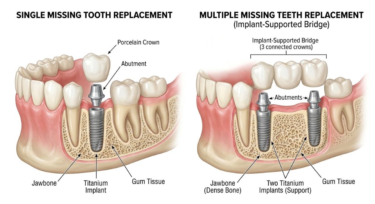 Single and multiple dental implants showing titanium post, abutment, porcelain crown, and implant-supported bridge at Oakville Dental