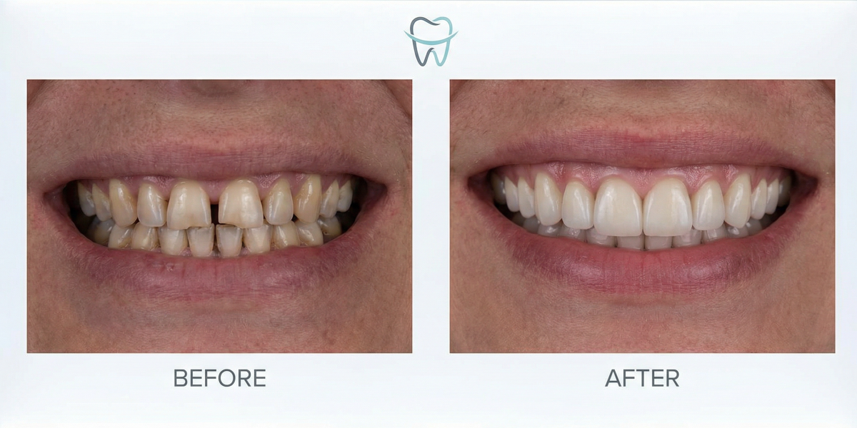 Smile makeover before and after comparison showing transformed teeth at Oakville Dental