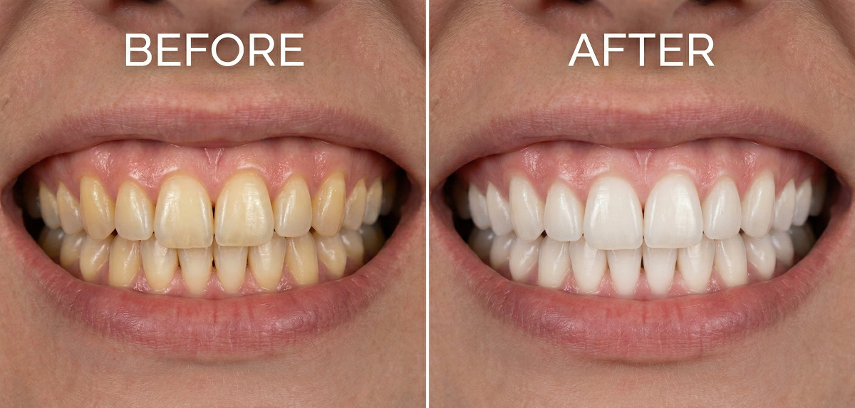 Before and after comparison of professional teeth whitening treatment showing visibly brighter teeth at Oakville Dental