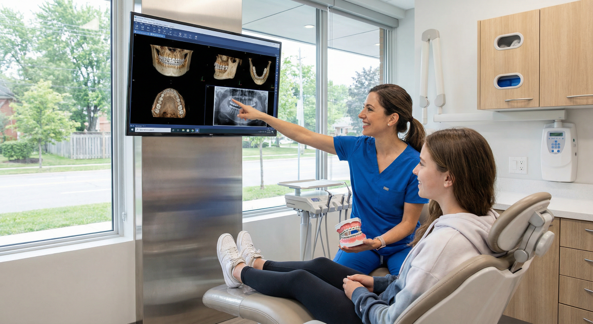 Orthodontist reviewing digital X-rays and 3D imaging with a teenage patient during a traditional braces consultation at Oakville Dental